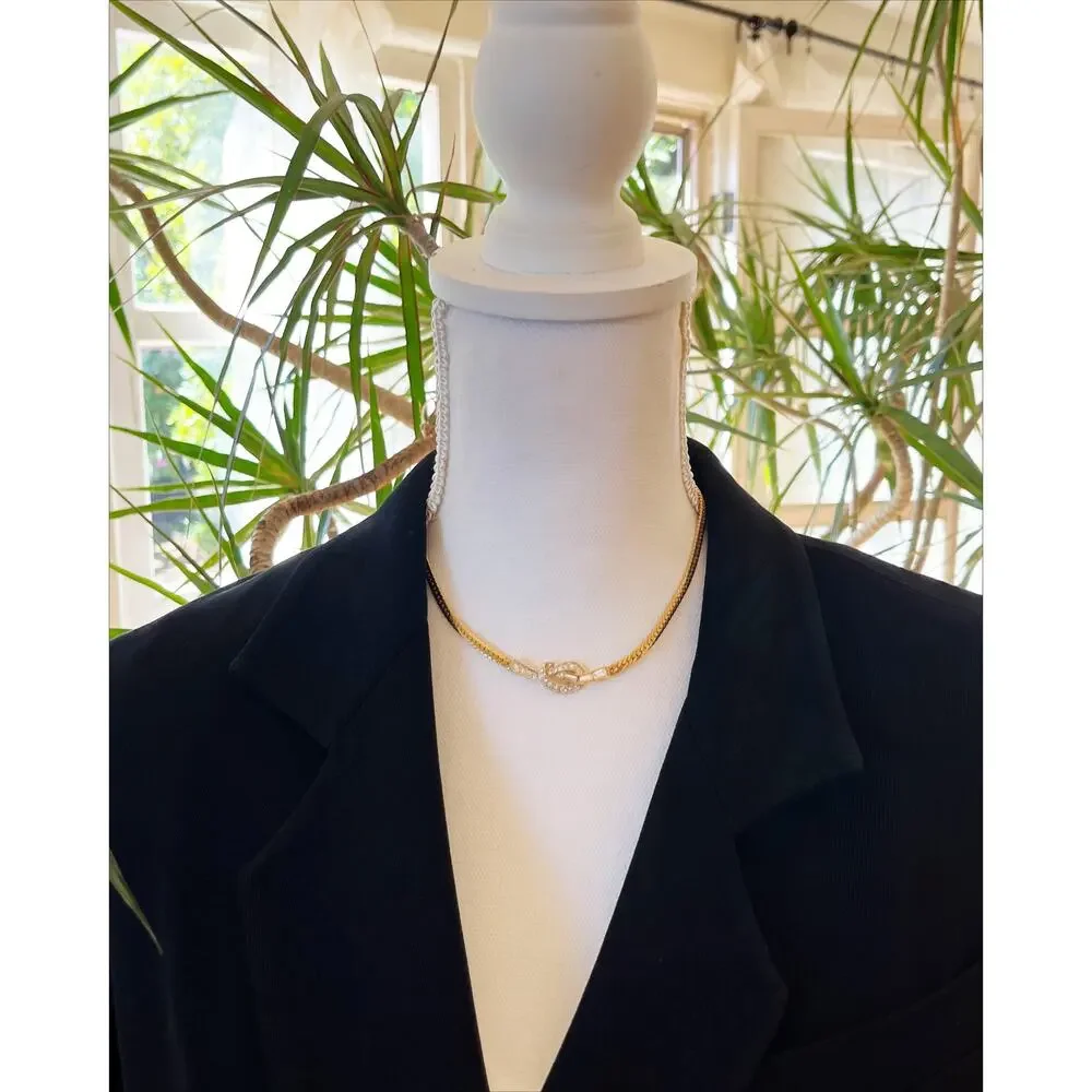 NINA RICCI Vintage Love Knot Rhinetone Snake Omega Choker Necklace 1980s